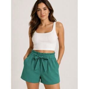 DR2 Women’s XL Green Paperbag Waist Shorts Tie Belt Pleated Dressy